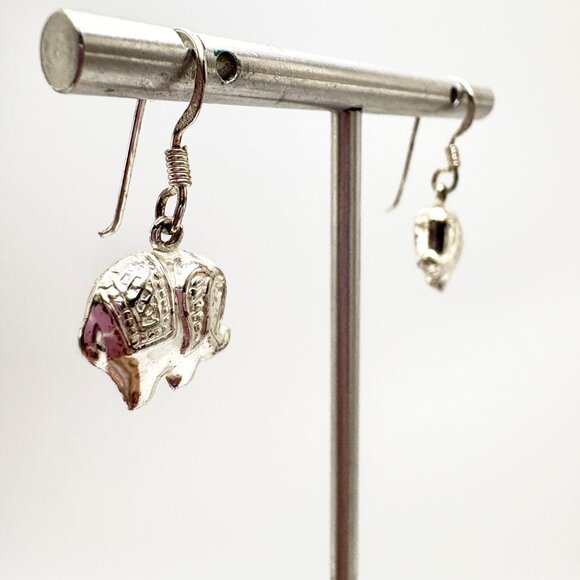 VTG Sterling Silver 925 Elephant Textured Dangle Earrings Size 1" Length - Picture 6 of 10